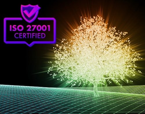 Illustration de la norme ISO 27001 certifiée avec un arbre lumineux en arrière-plan