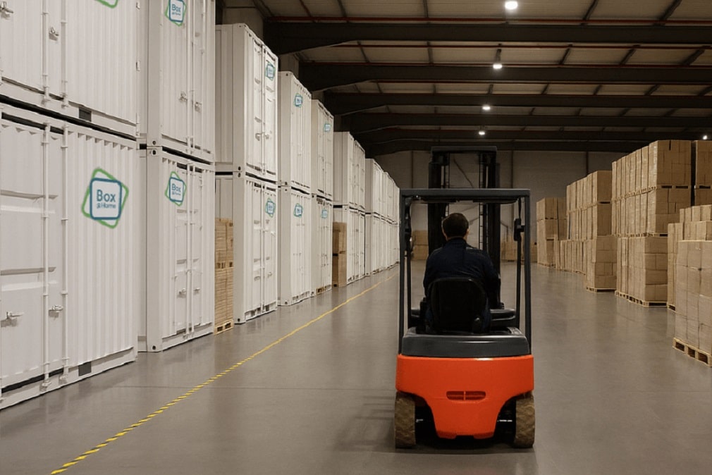 Bestuurder met heftruck in magazijn met Box@Home-containers en gestapelde dozen bij Merak Goederenopslag