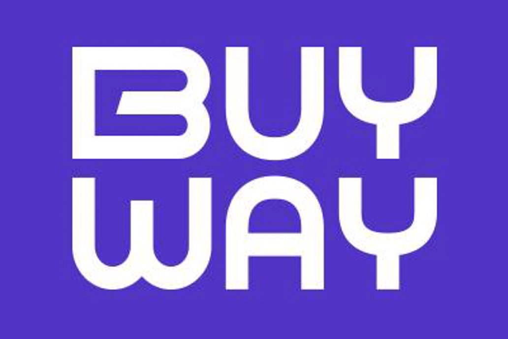 BUY WAY in witte letters op een blauwe achtergrond